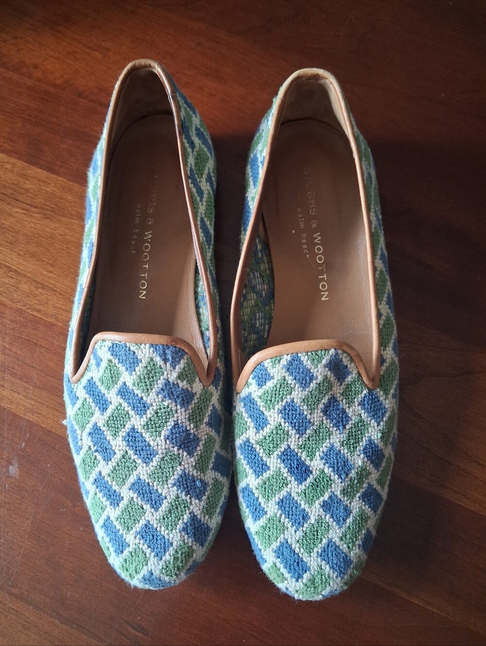 Stubbs & Wootton Women's Needlepoint Loafers Blue/green VGUC Sz 9